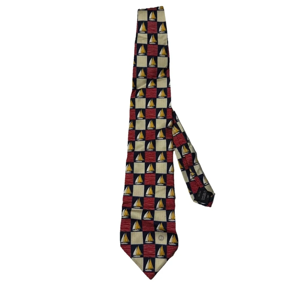 Dunhill Vintage Silk Necktie Red Blue Nautical Sailboat Checker Pattern Tie